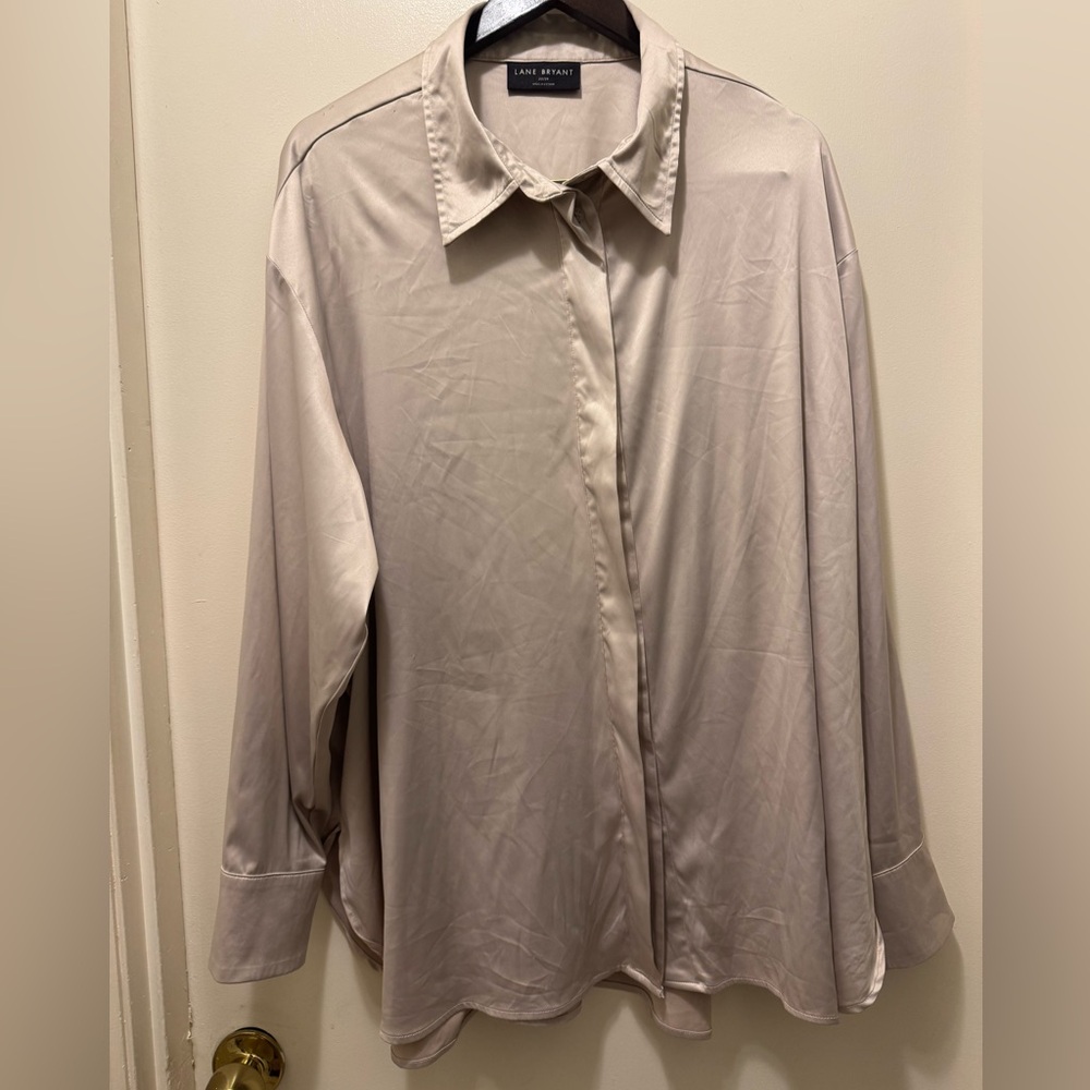 Lane Bryant Satin Button-Up Blouse in Light Beige